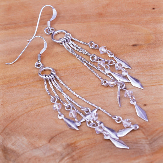 Vintage Sterling 925 silver handmade earrings with crystal and fringe dangles