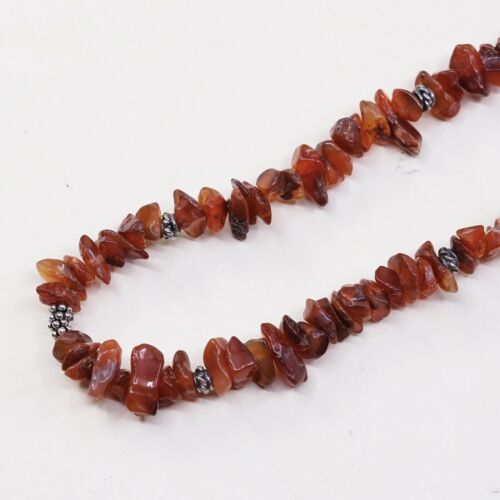 18" Vtg Sterling 925 silver handmade necklace W/ Nugget Carnelian Beads