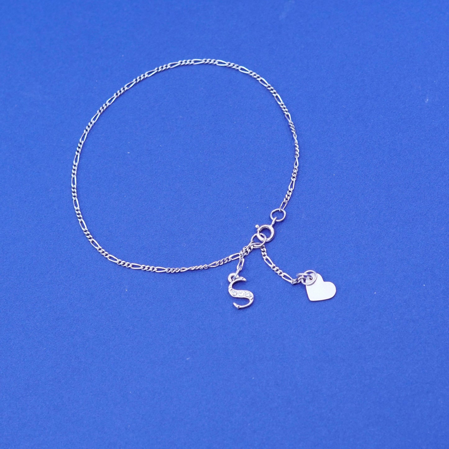 8.25”, vintage Sterling 925 silver figaro bracelet chain initial S heart charms