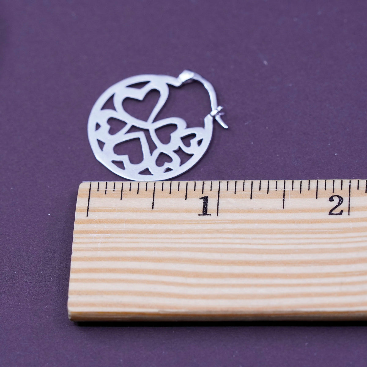 1”, Sterling silver flatten matted filigree heart hoop earrings, 925 huggie