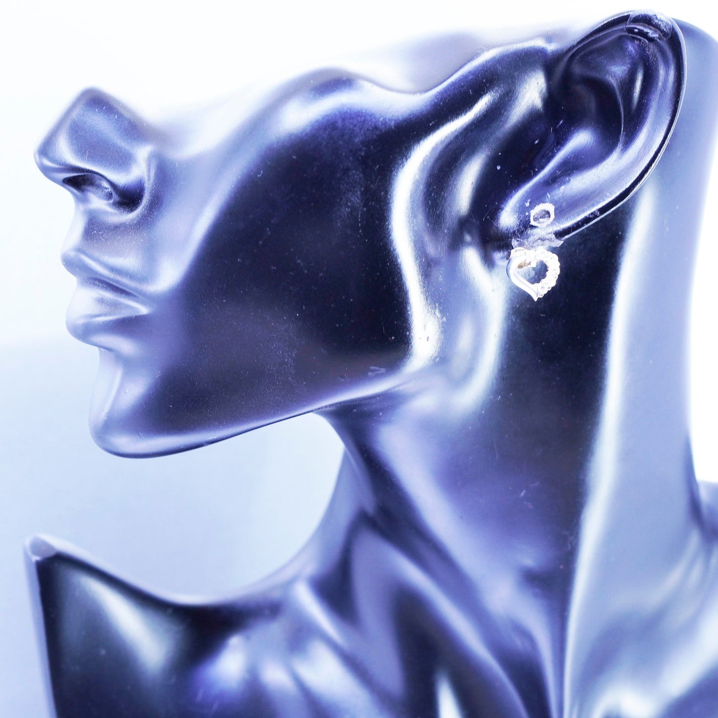 Vintage Sterling 925 silver handmade heart earrings, studs with cz