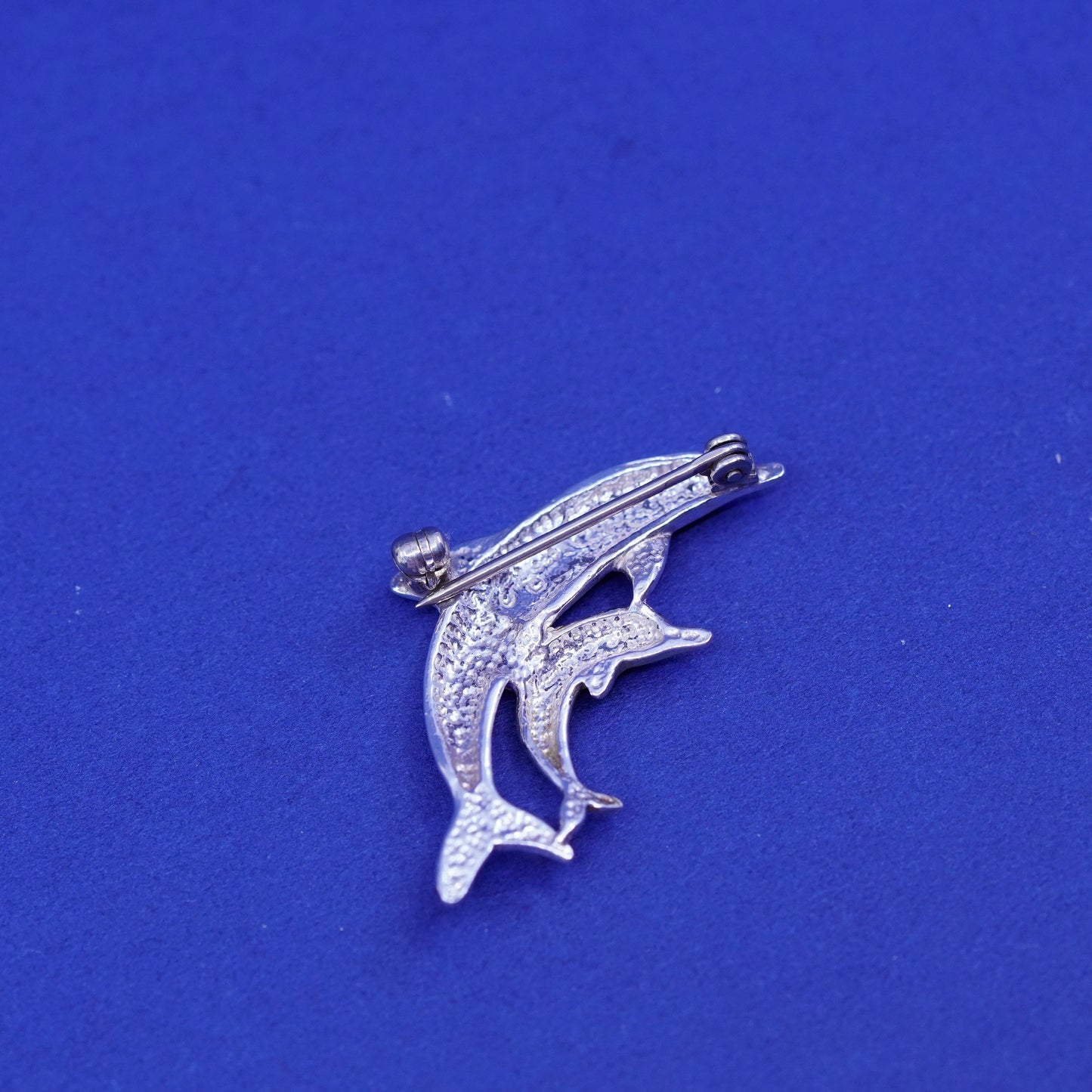 vintage Sterling 925 silver handmade brooch, mother baby dolphin pin