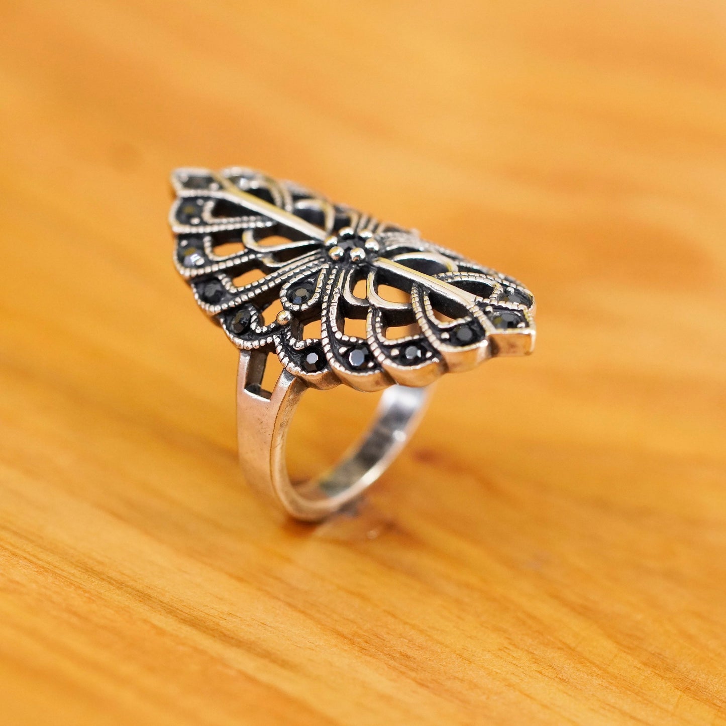 Size 7.25, Sterling silver handmade ring, southwestern, 925 band marcasite