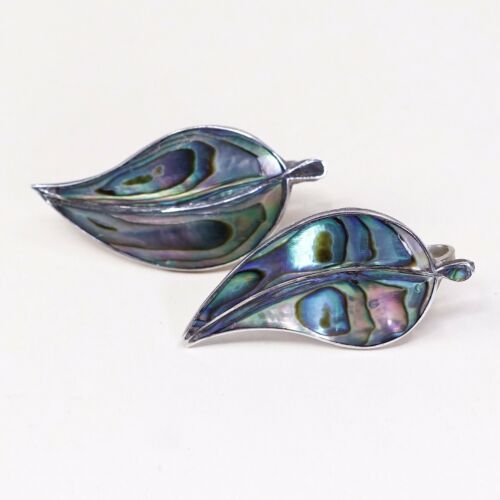 Vtg Sterling 925 Silver Handmade Screw Back Leaf Earrings With Abalone
