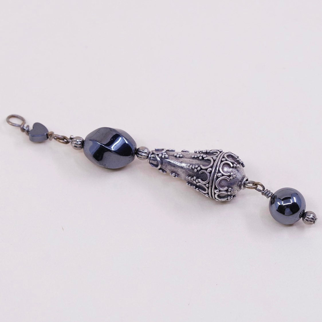 VTG Bali sterling silver handmade pendant, 925 teardrop charm w/ hematite