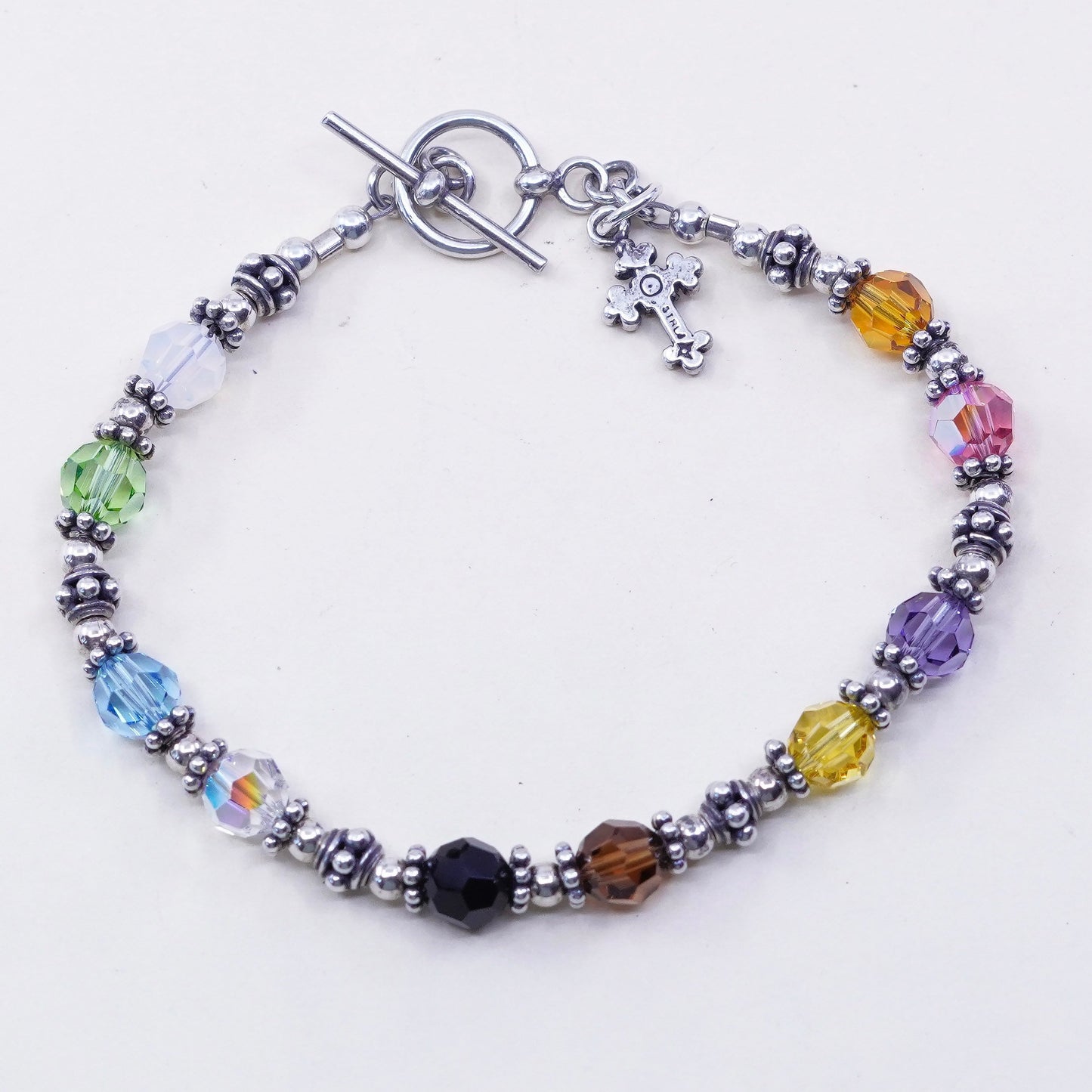 6.5”, Sterling silver handmade bracelet, 925 beads and Crystal and cross charm