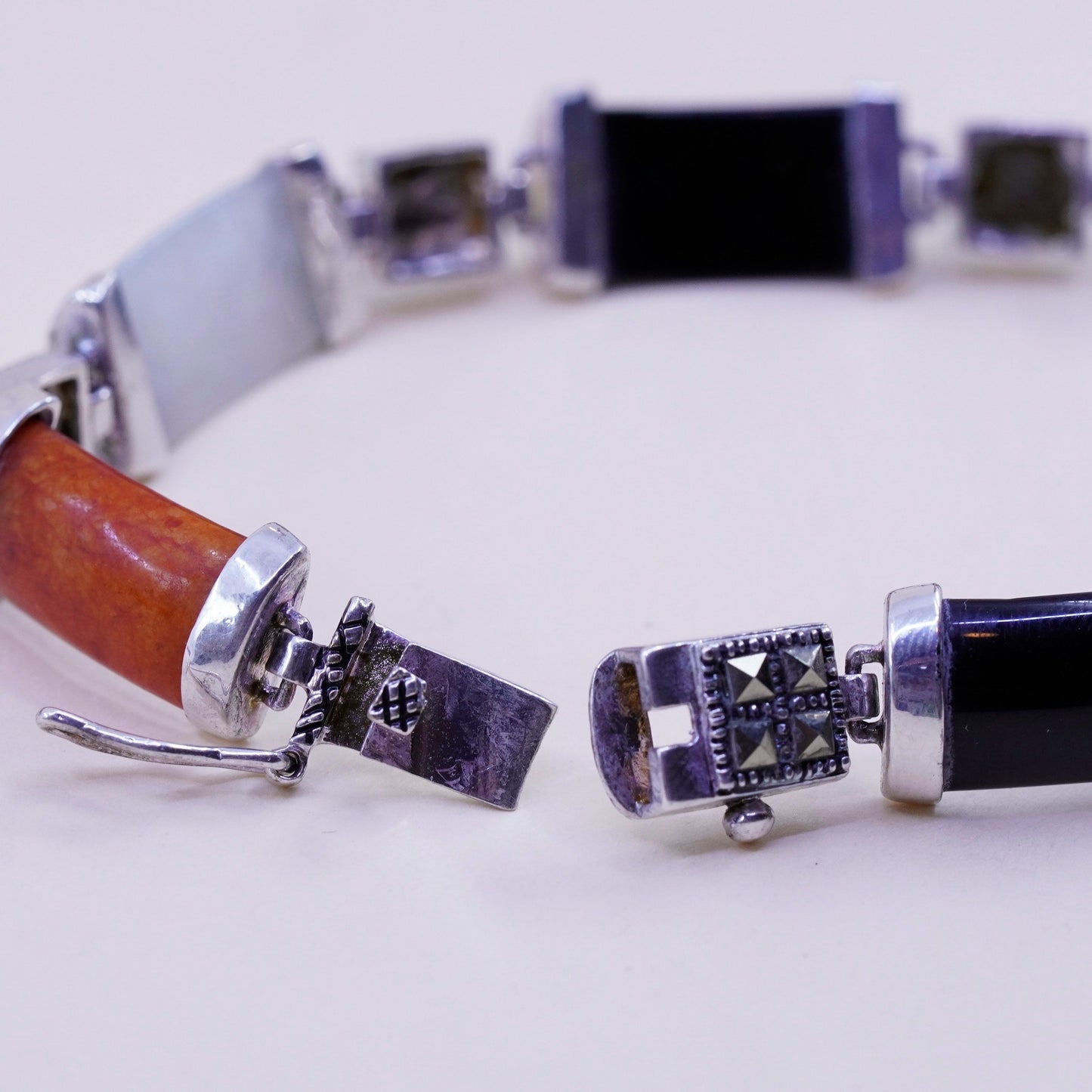 7.25”, sterling 925 silver bracelet jade, carnelian, obsidian bar marcasite