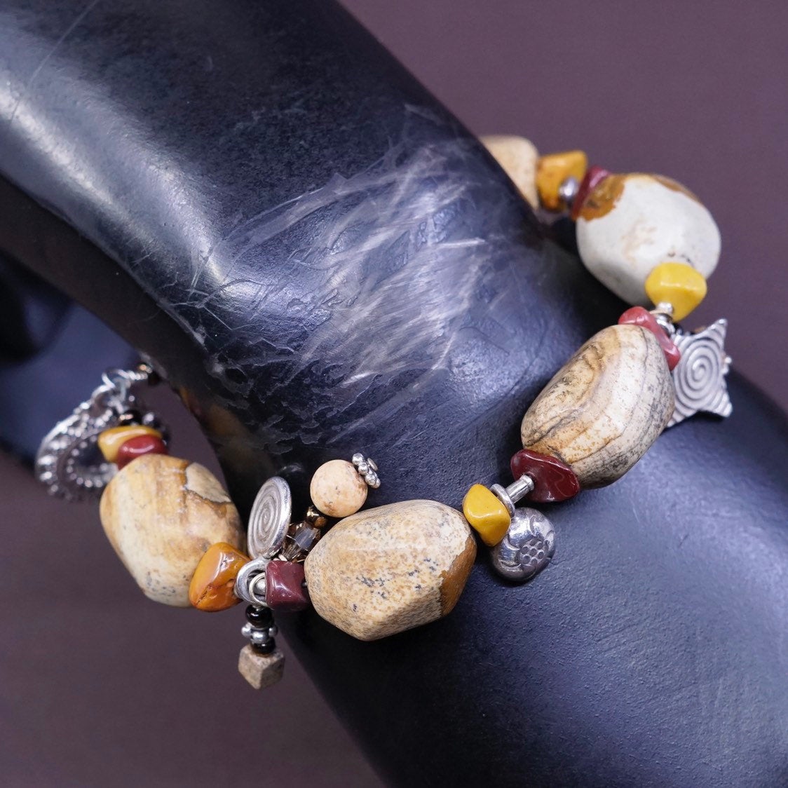 6.75”, vtg Sterling silver handmade chain, 925 beads w/ Jasper nuggets bracelet