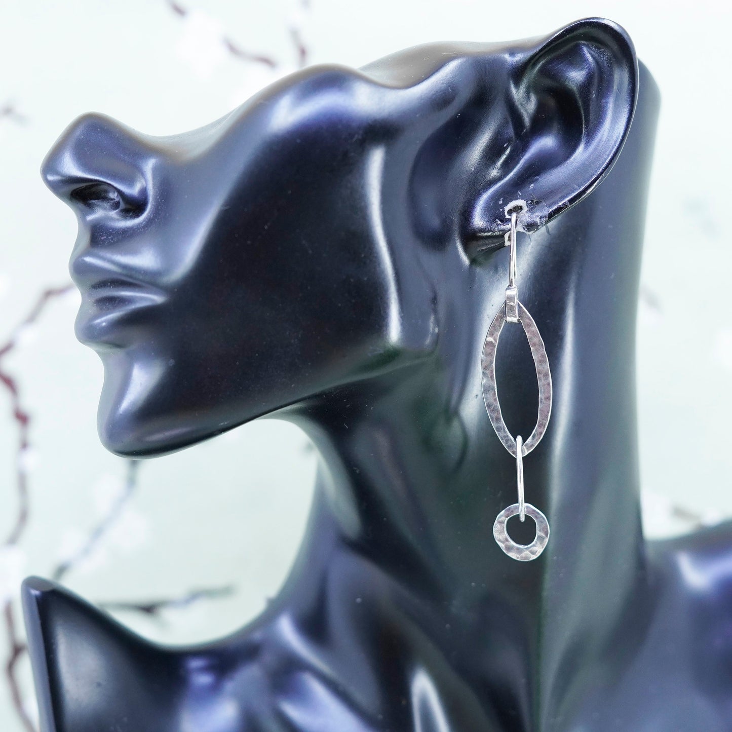 Vintage Silpada handmade Sterling Silver hammered marquise shaped Hoop Earrings