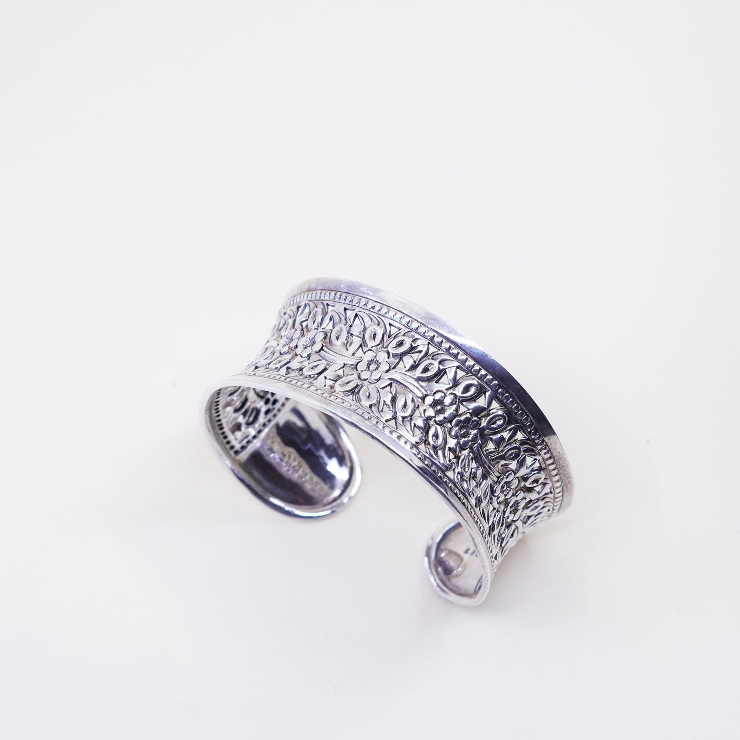 6.5”, sterling silver handmade bracelet, wide 925 cuff with filigree flower