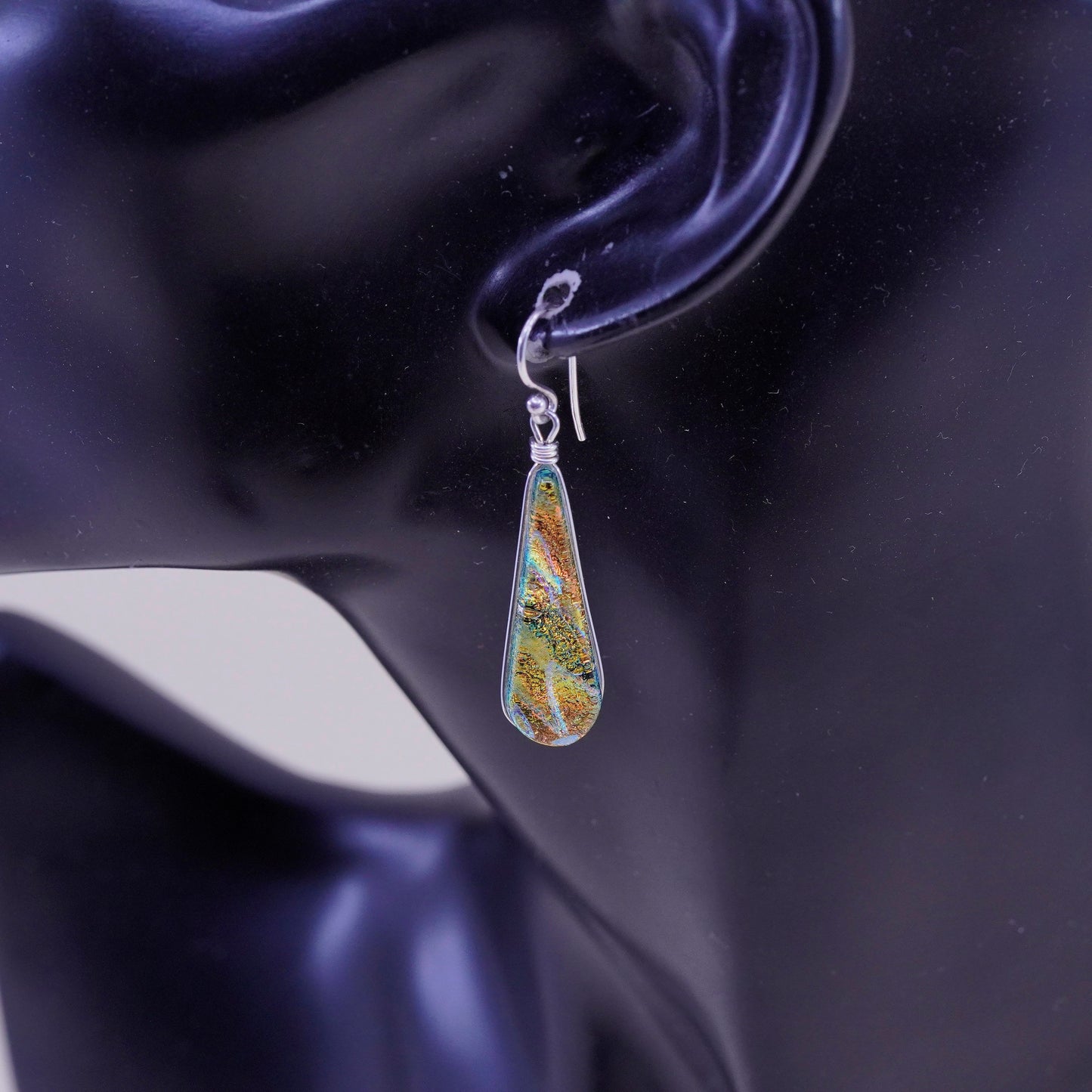 Sterling 925 silver handmade earrings orange teardrop foiled artisan glass drop