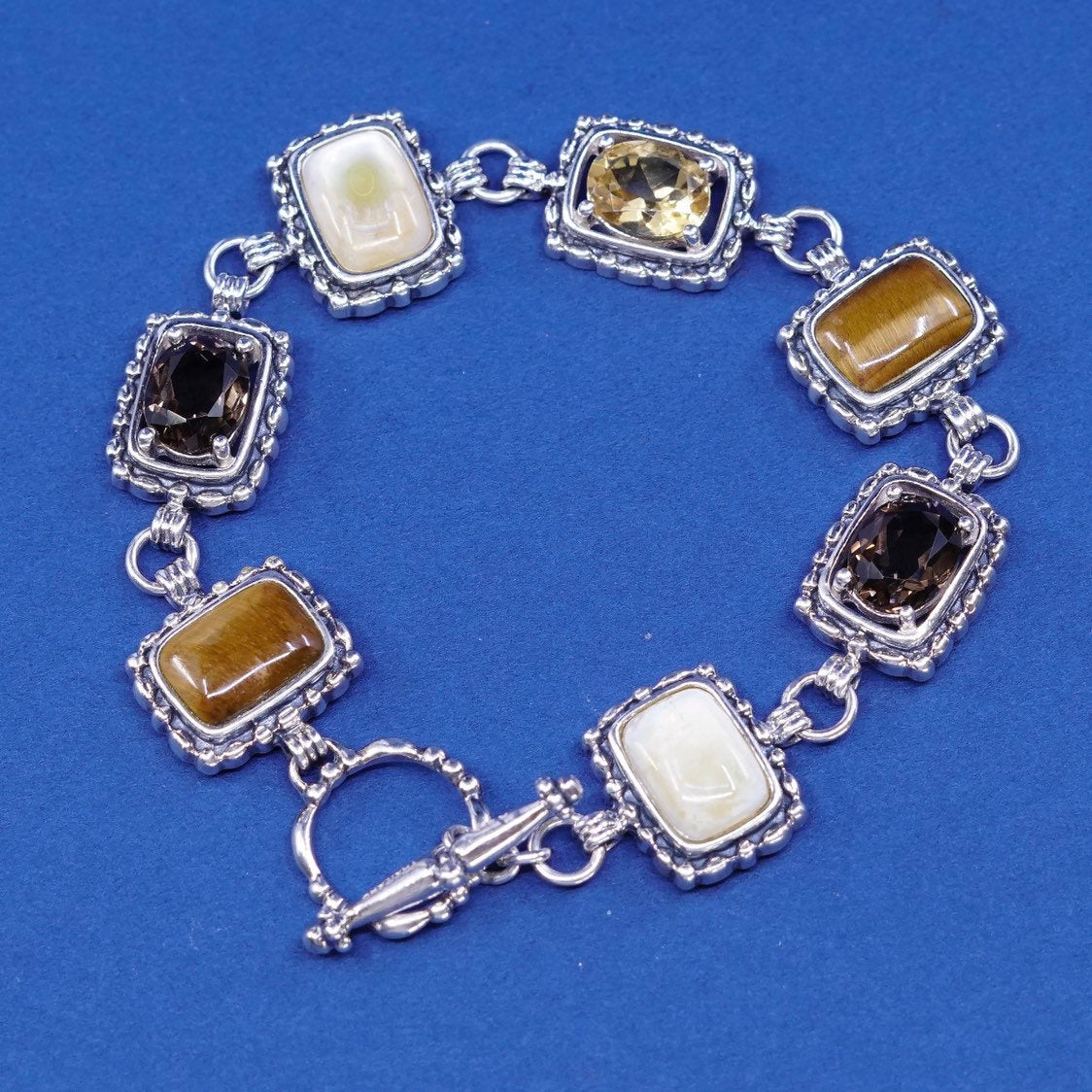7.25", vtg sterling 925 silver handmade bracelet w/ mop, tiger’s eye N citrine