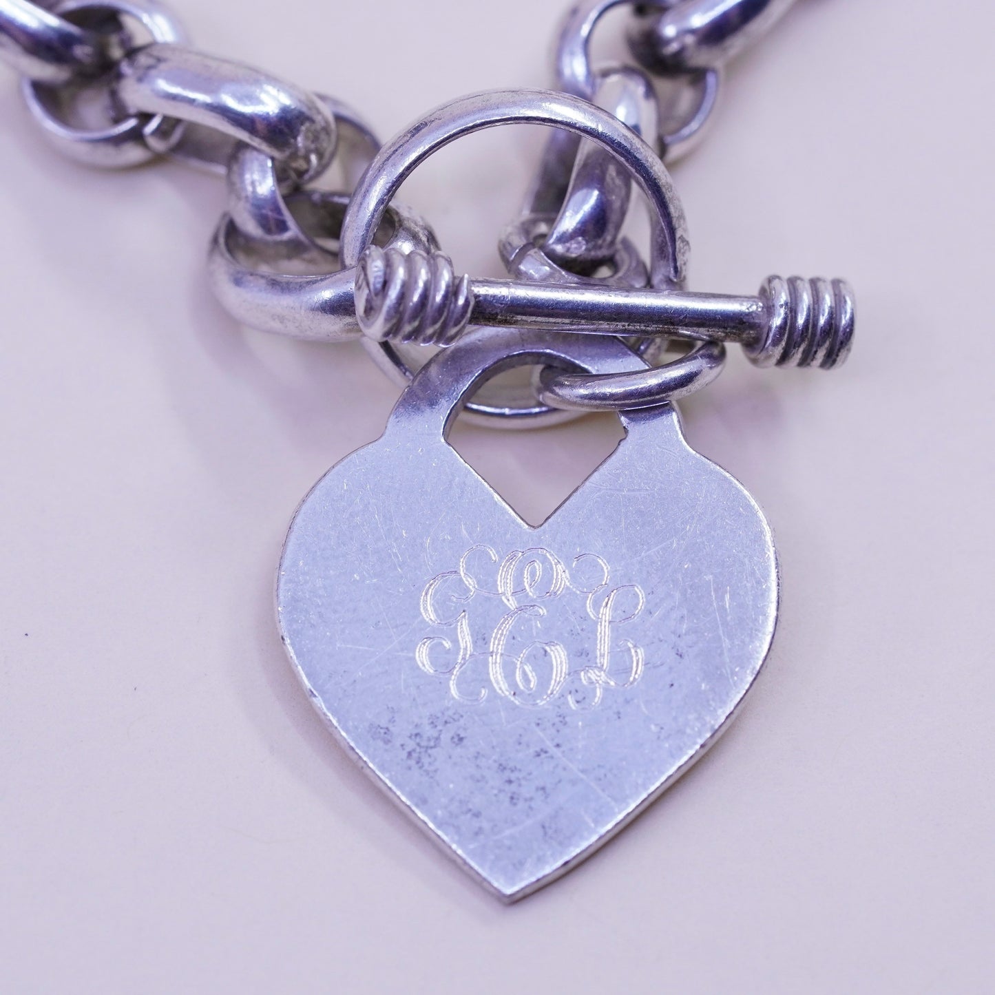 7”, 8mm, Vintage sterling 925 silver circle bracelet monogram GEL heart charm
