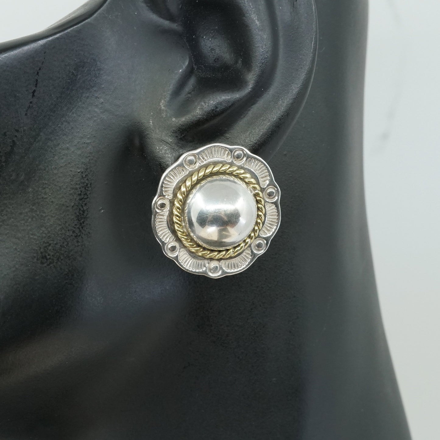 vtg Mexico Sterling silver handmade earrings, 925 flower studs w/ brass cable
