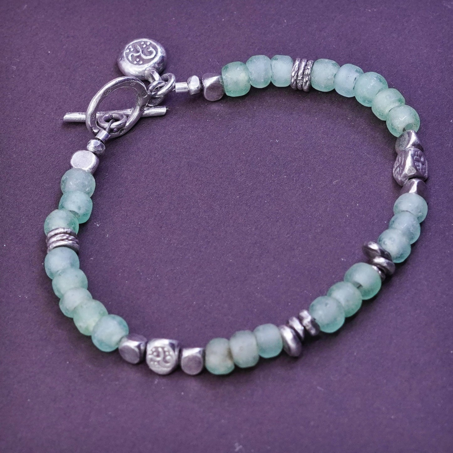 6.75”, Vintage Sterling silver handmade bracelet, 925 cube with jade bead