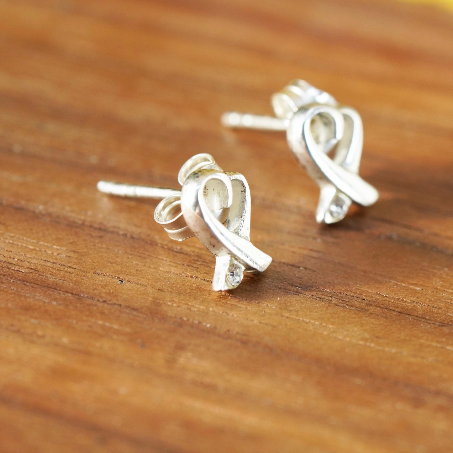 Vintage Sterling silver handmade earrings, 925 heart studs with cz