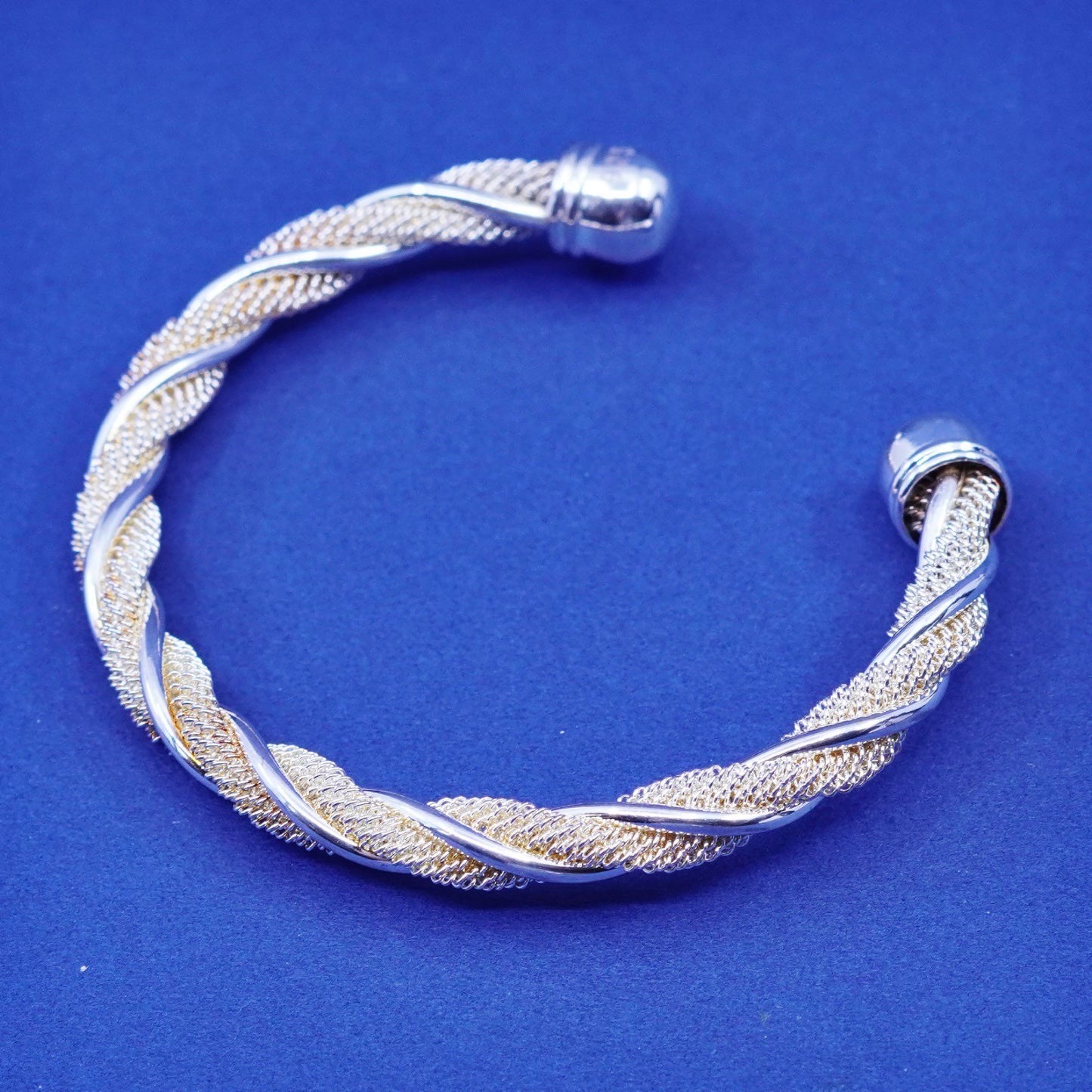 7”, sterling silver handmade bracelet, 925 twisted mesh cable cuff w/ beads end