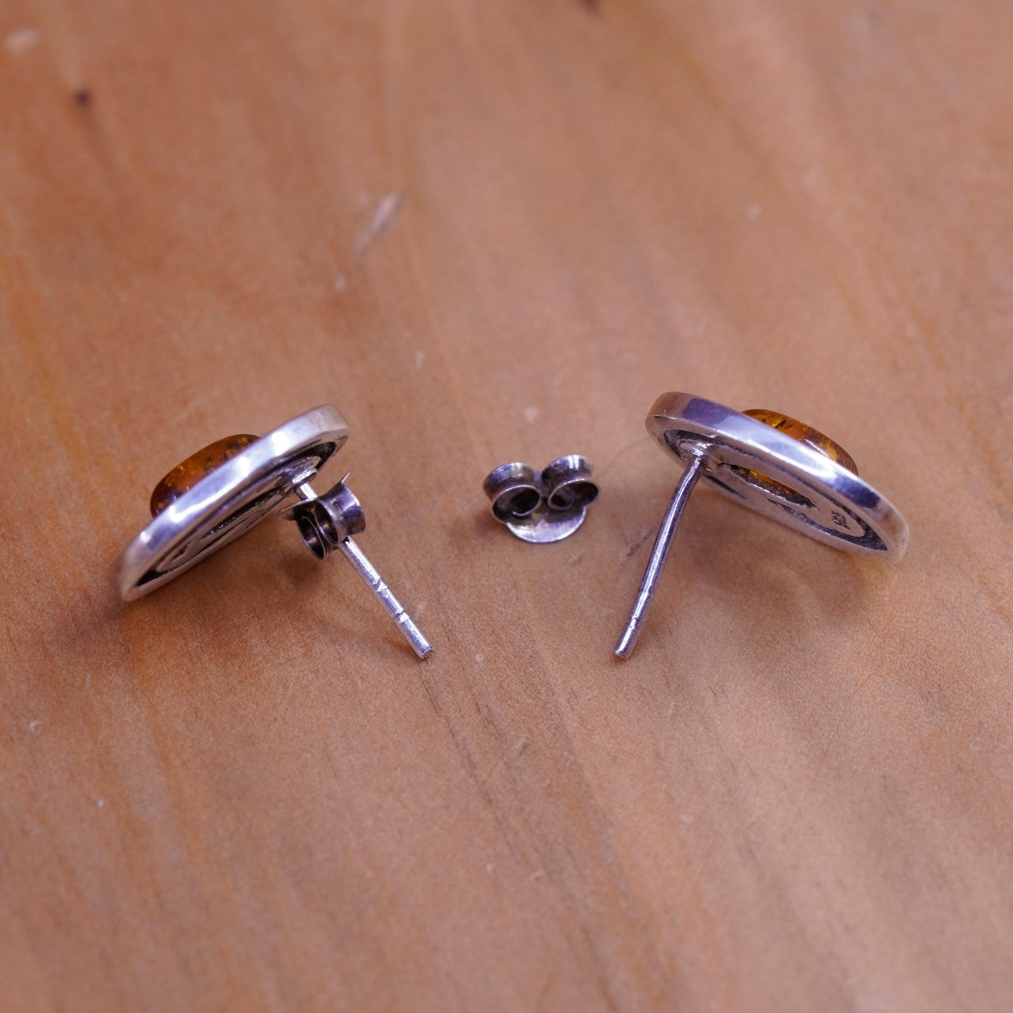 Vintage Mexico Sterling 925 silver handmade studs earrings with amber inlay