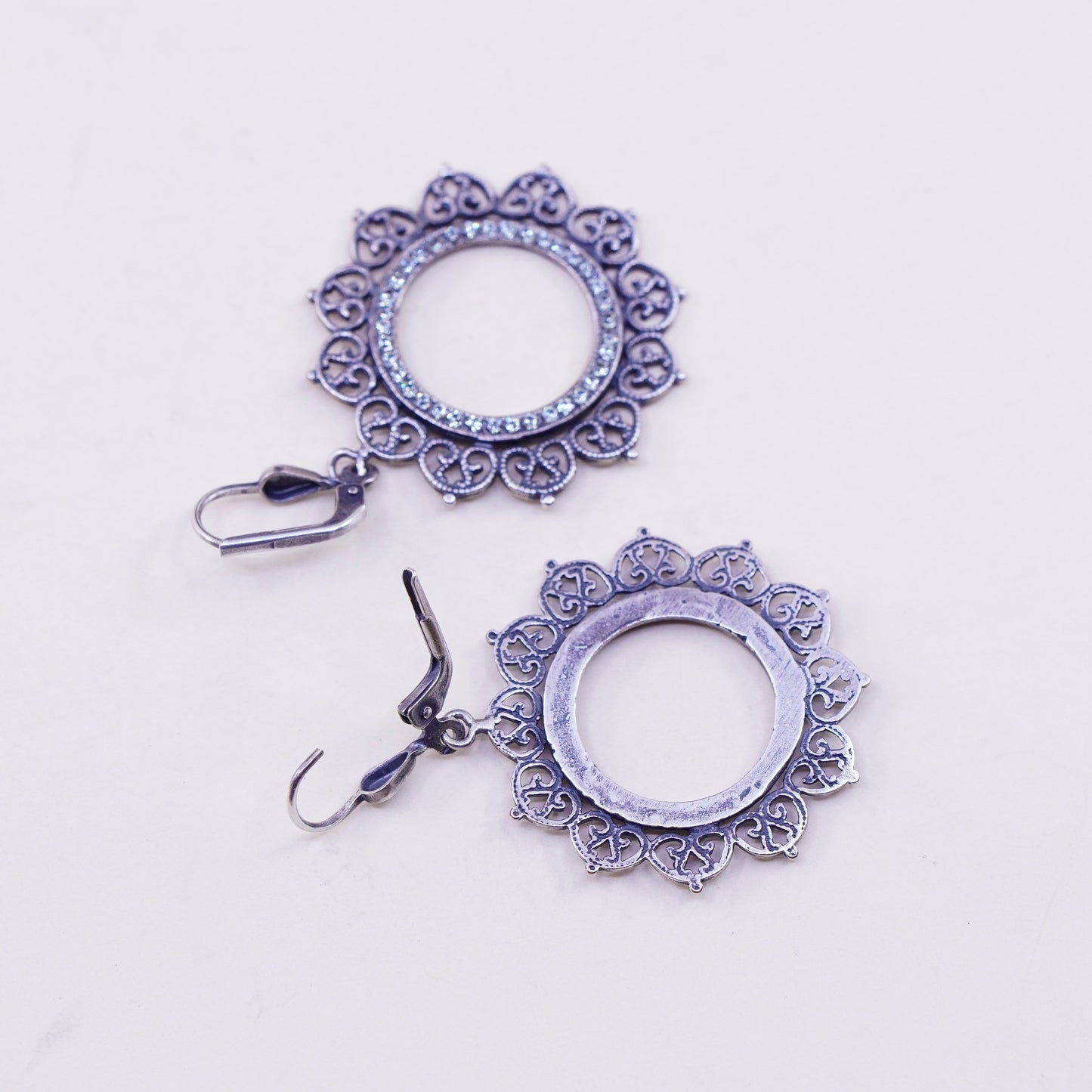 Vintage Sterling silver handmade earrings, 925 filigree circle and cz around