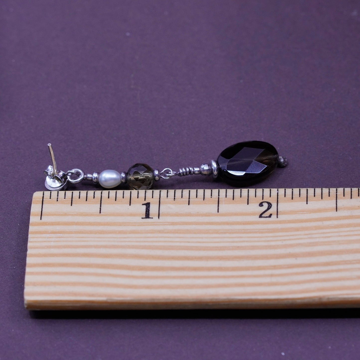 Vintage Sterling 925 silver handmade earrings with oval smoky topaz and pearl