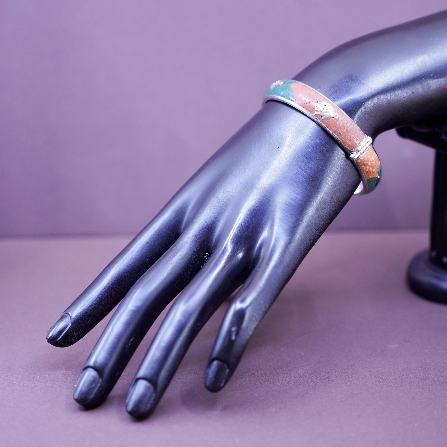 6.5”, Sterling silver bracelet Mexico 925 bangle jasper sodalite turtle dolphin