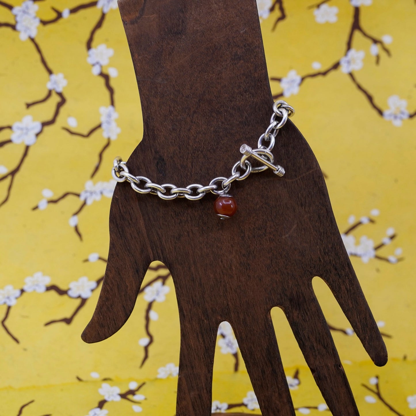 6.75”, Sterling silver handmade bracelet, 925 bold circle chain carnelian charm