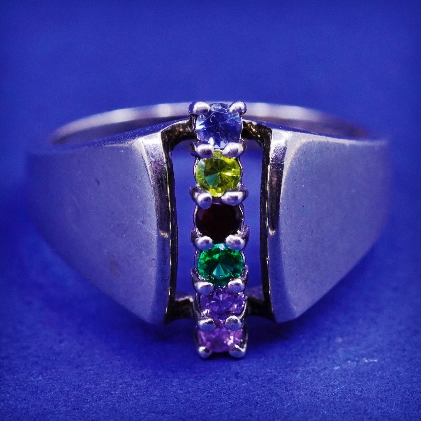 Size 6.25, vtg Sterling 925 silver handmade ring peridot ruby topaz amethyst