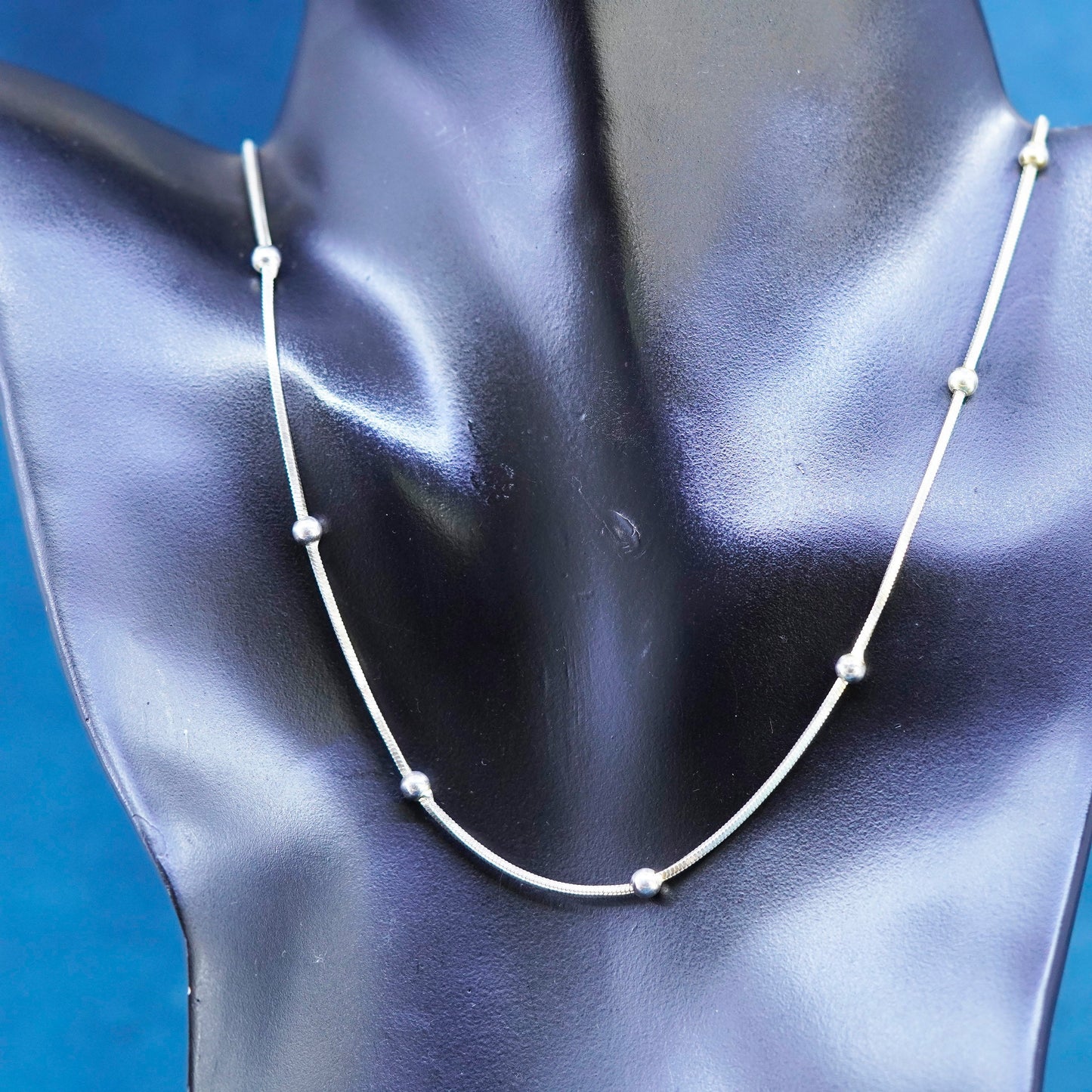 18”, 1.6mm, vintage Sterling silver necklace, 925 square snake chain with beads