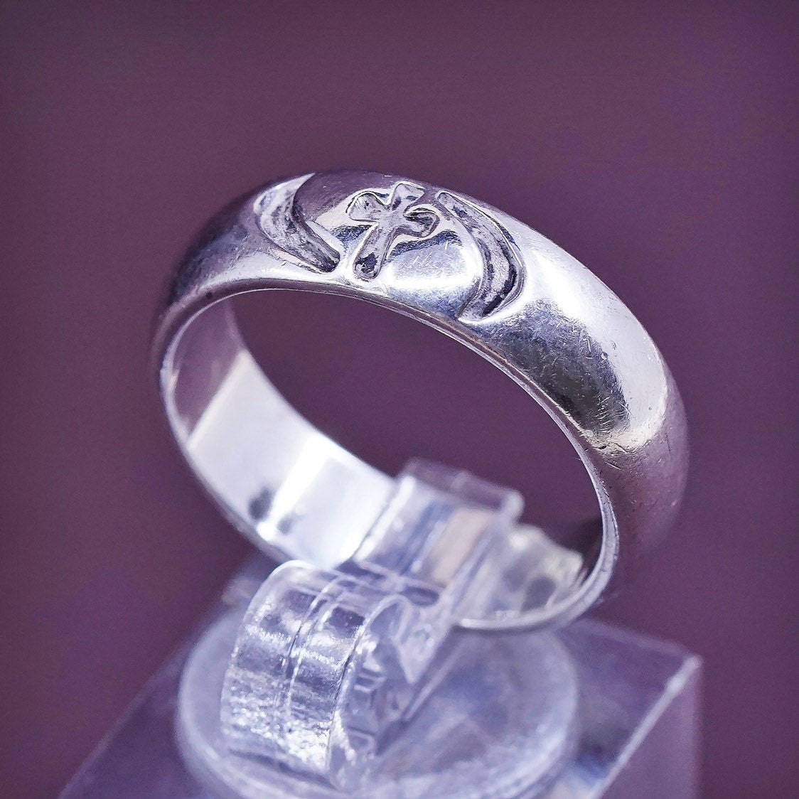 sz 8.25, vtg BSD Sterling silver prayer ring, 925 band w/ "cross" engraved