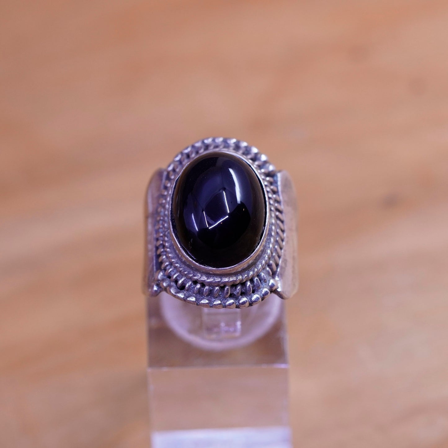 Size 7, vintage Sterling 925 silver handmade ring with oval obsidian and beads