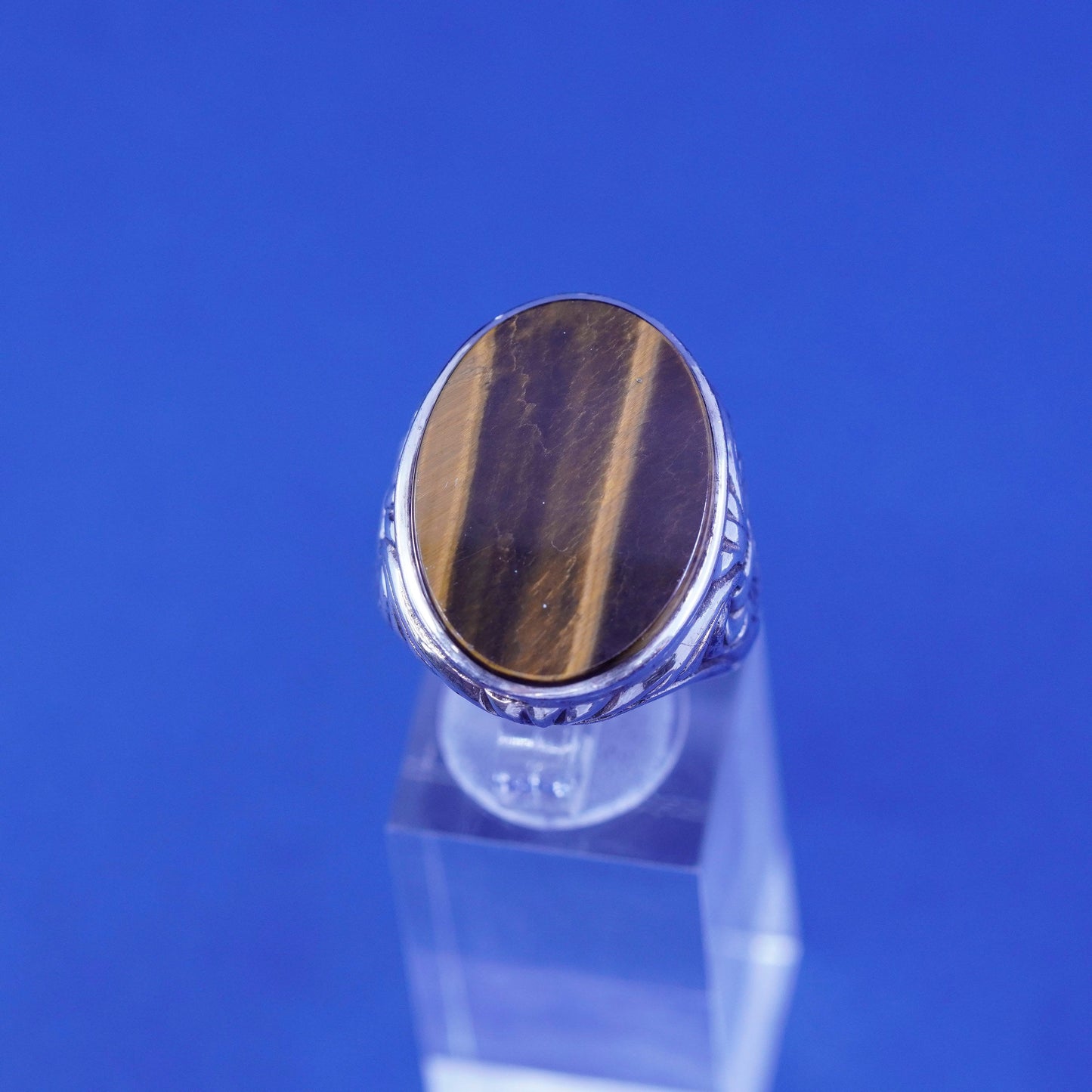 Size 9.25, Sterling 925 silver statement ring with golden tiger eye and relief