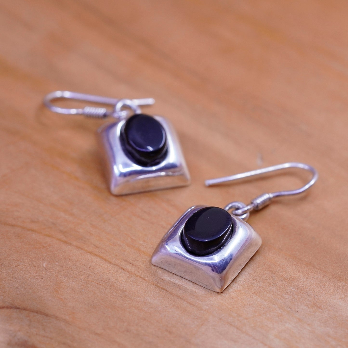 Vintage Sterling 925 silver handmade earrings with oval obsidian inlay