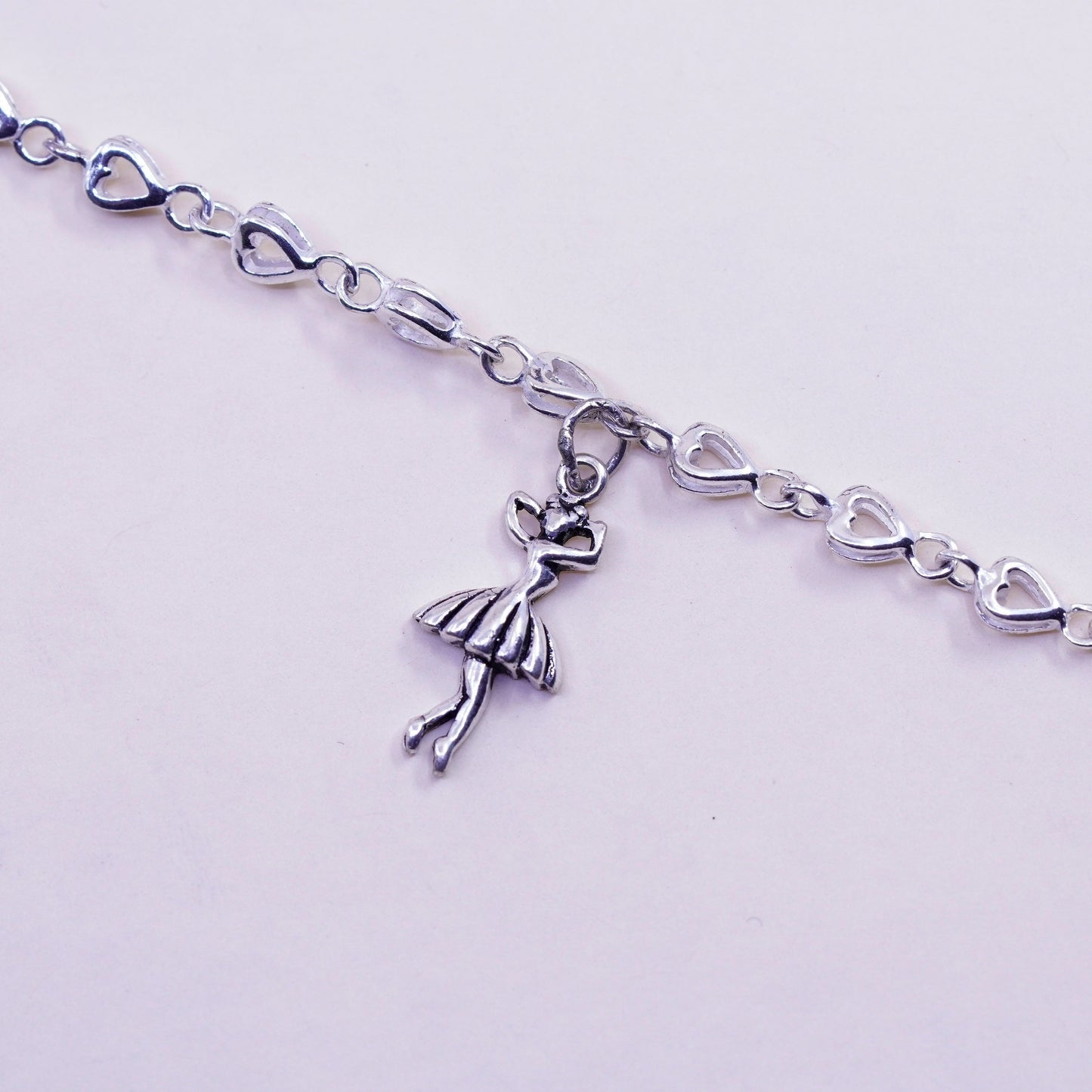 7”, Vintage sterling silver bracelet, 925 heart chain w/ girl ballerina dancer
