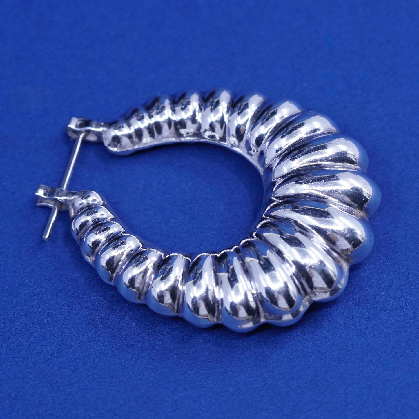 1.75”, vtg Sterling silver handmade earrings, 925 ribbed hoops Huggie
