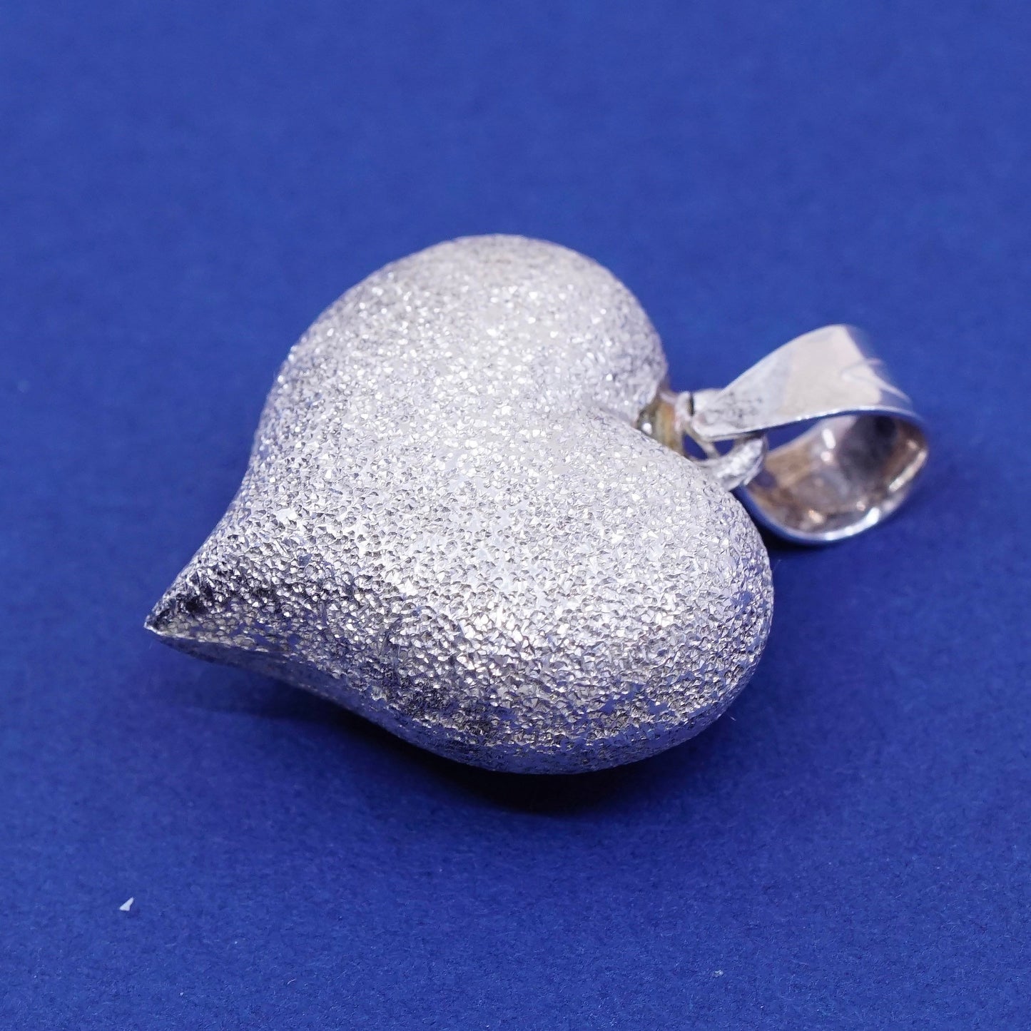 Vintage Sterling silver handmade pendant, glitter surface puffy 925 heart