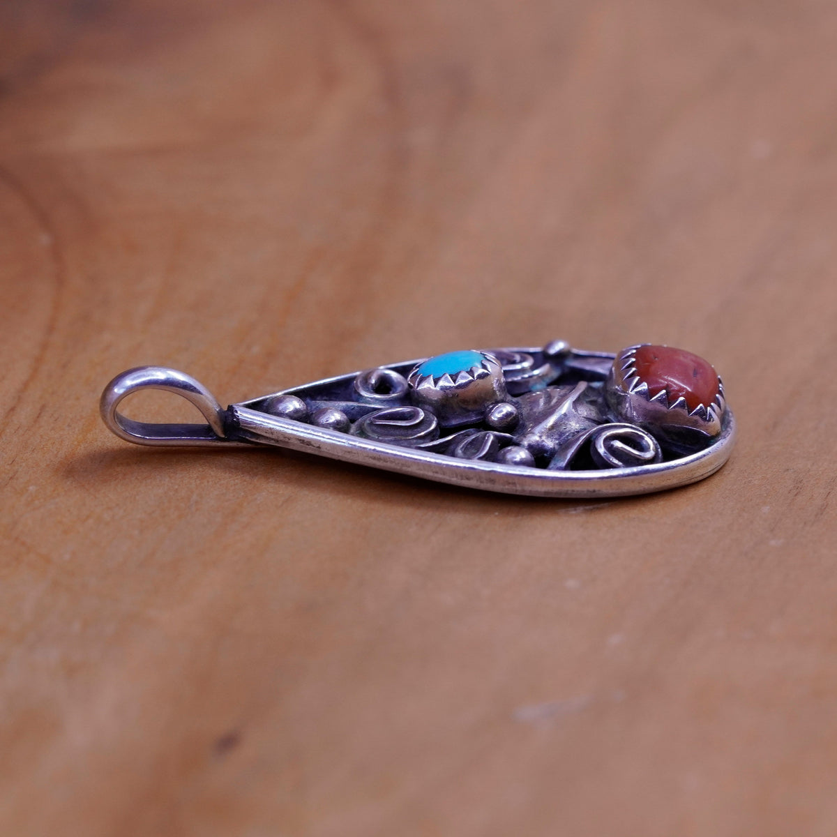 Native American Jeff Largo Sterling 925 silver teardrop pendant turquoise coral