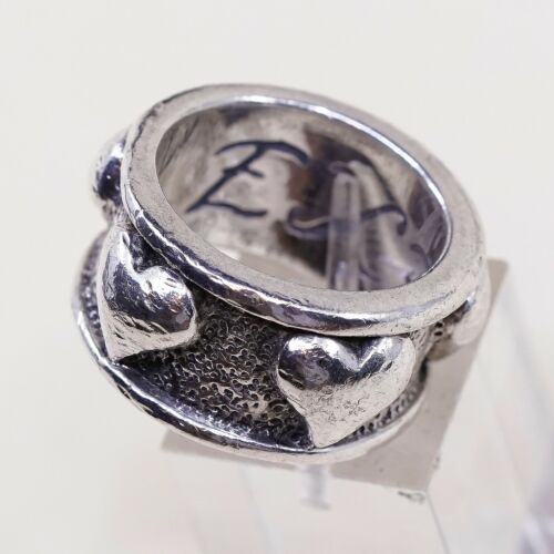 Sz 8, Vtg Exex Sterling Silver Handmade Ring, 925 Silver Band W/ Heart Embossed