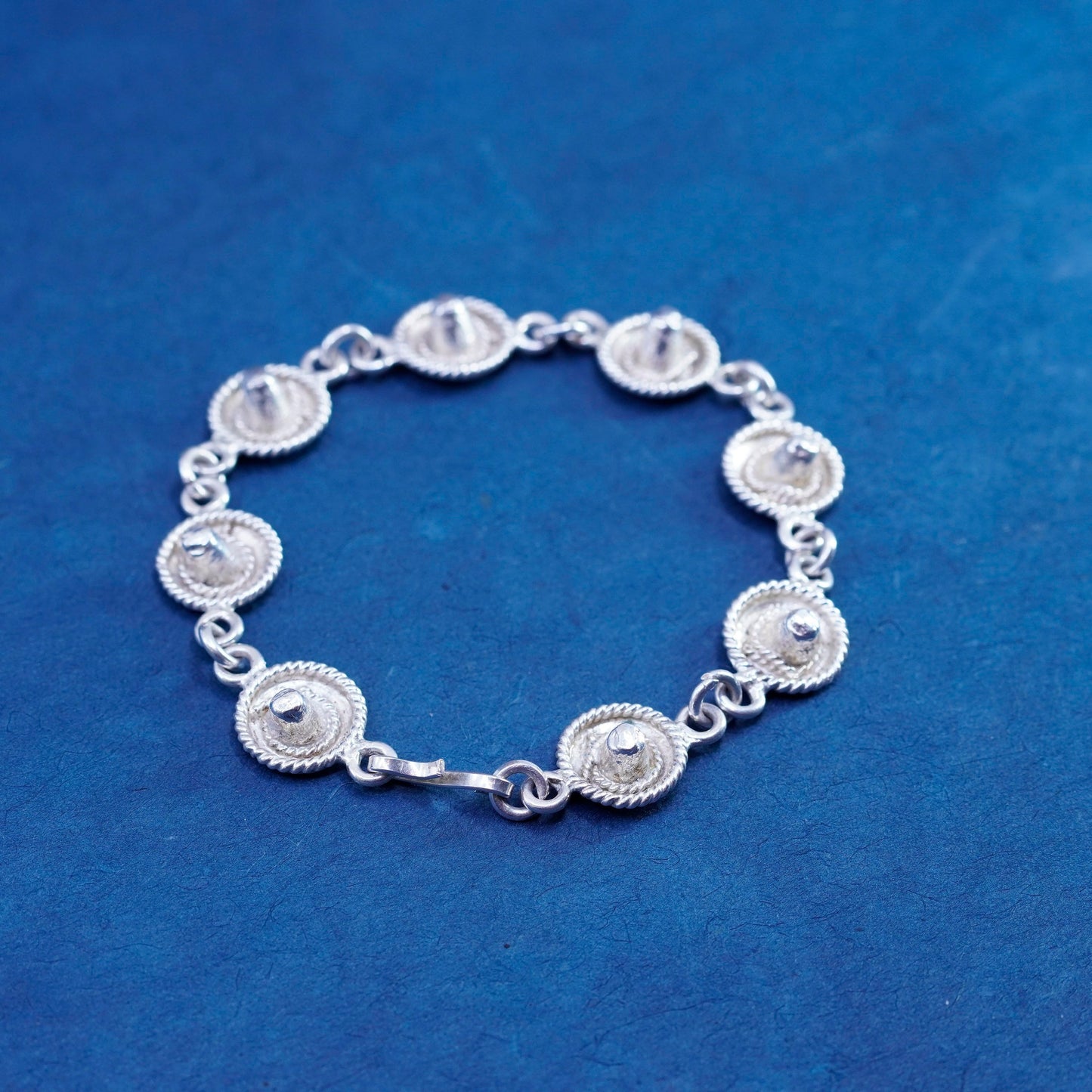 7.5”, vintage Mexico Sterling 925 Silver Sombrero Hat chain Bracelet