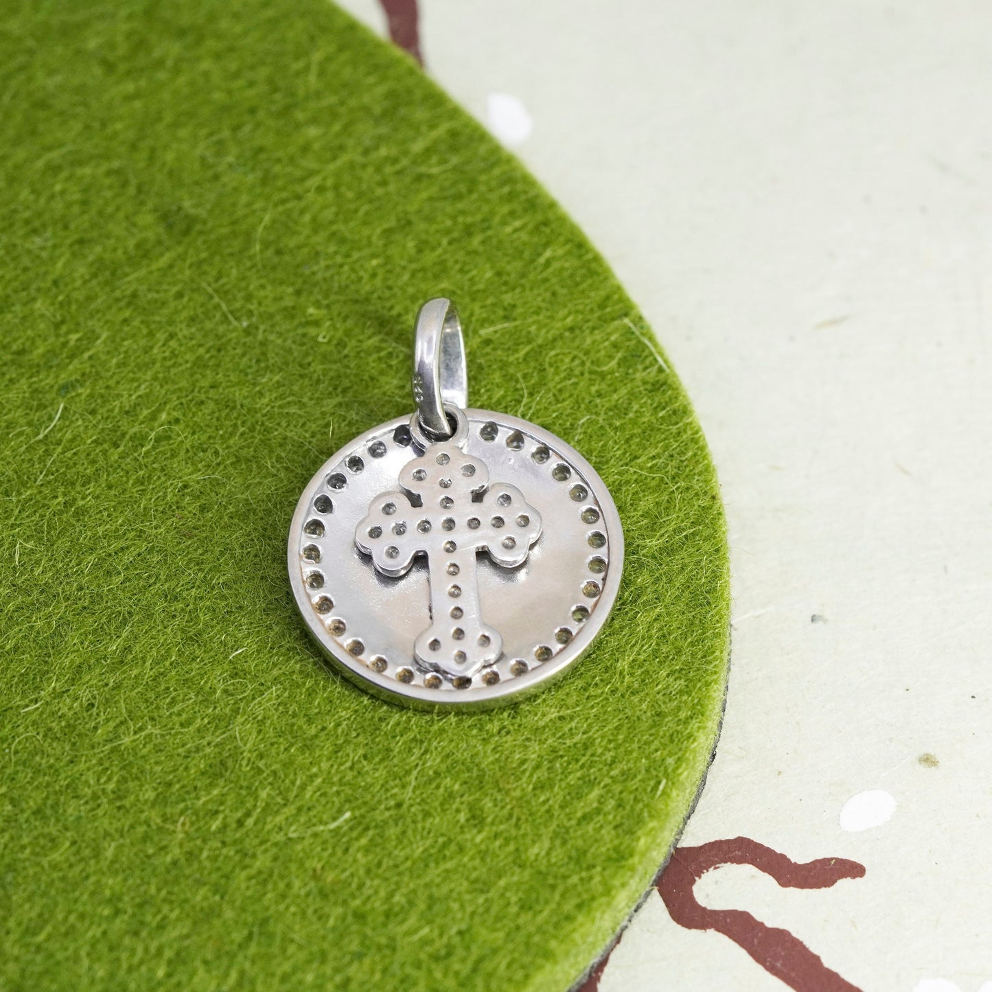 Vintage handmade Sterling silver pendant, 925 circle with cross “faith” and cz