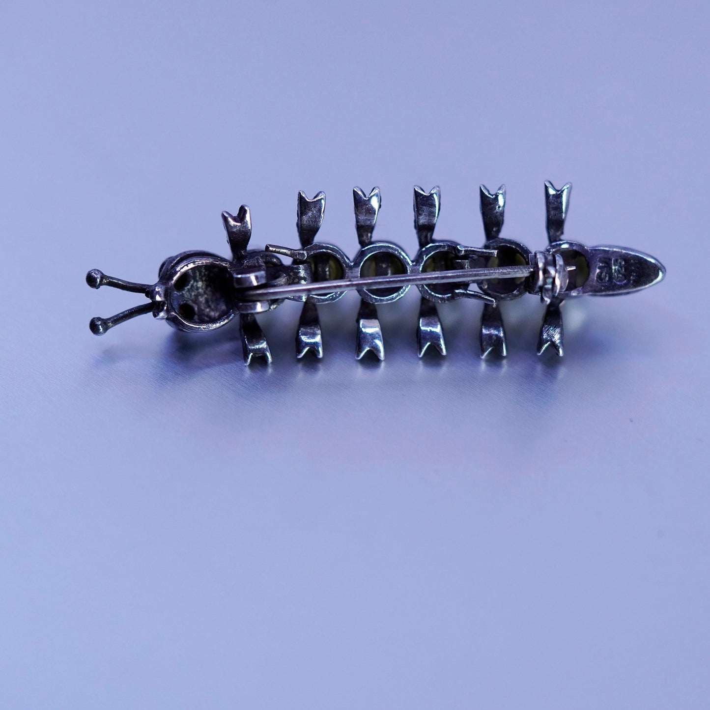 sterling silver handmade brooch, 925 Caterpillar pin with marcasite and pearl