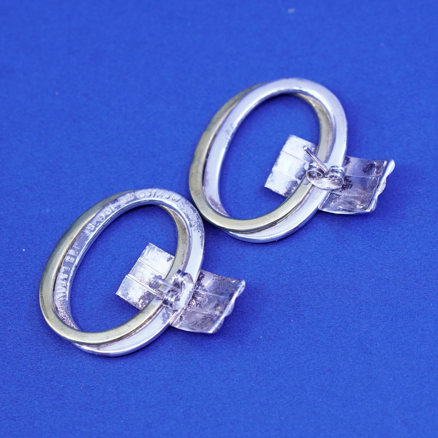 Laton two tone Sterling silver handmade earrings, entwined 925 studs brass