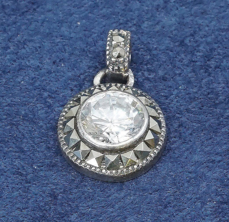 vtg sterling silver handmade pendant, 925 w/ clear crystal N marcasite