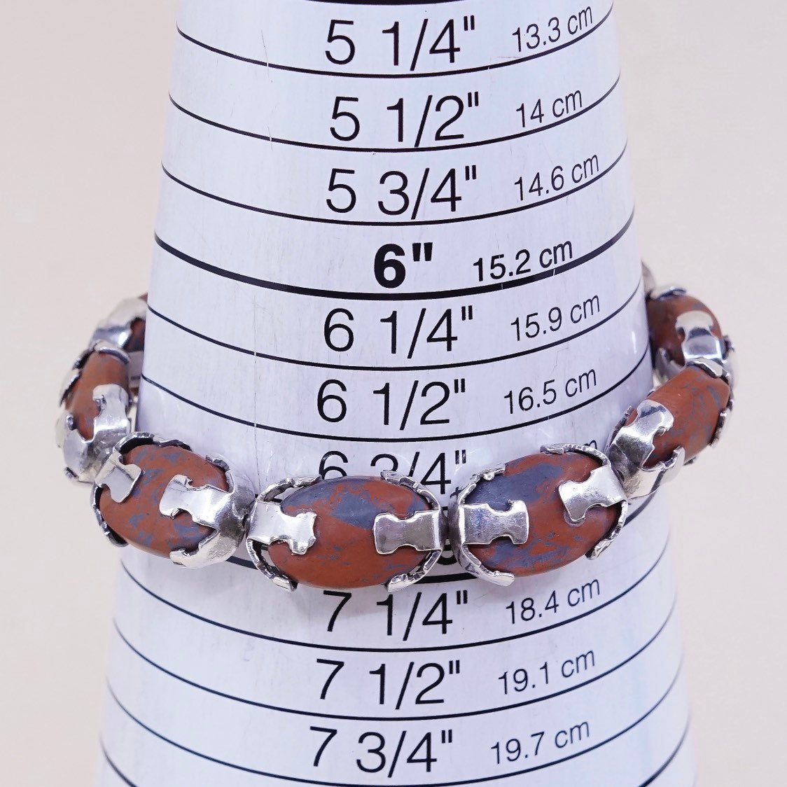 7”, VTG Sterling silver handmade bracelet, Mexico 925 w/ Oval bloodstone