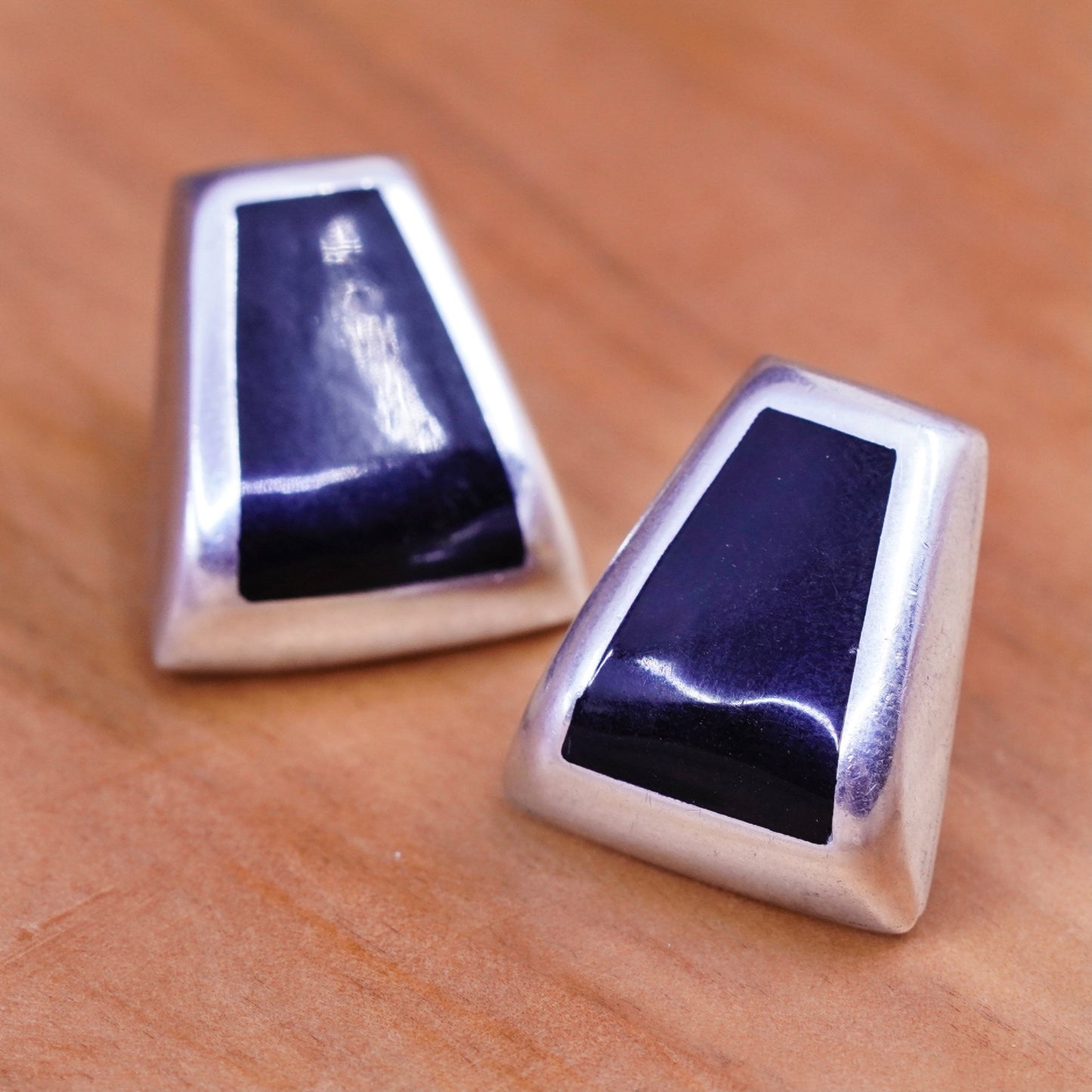 Vintage Mexico Sterling 925 silver handmade studs earrings with obsidian inlay, stamped 925 Mexico