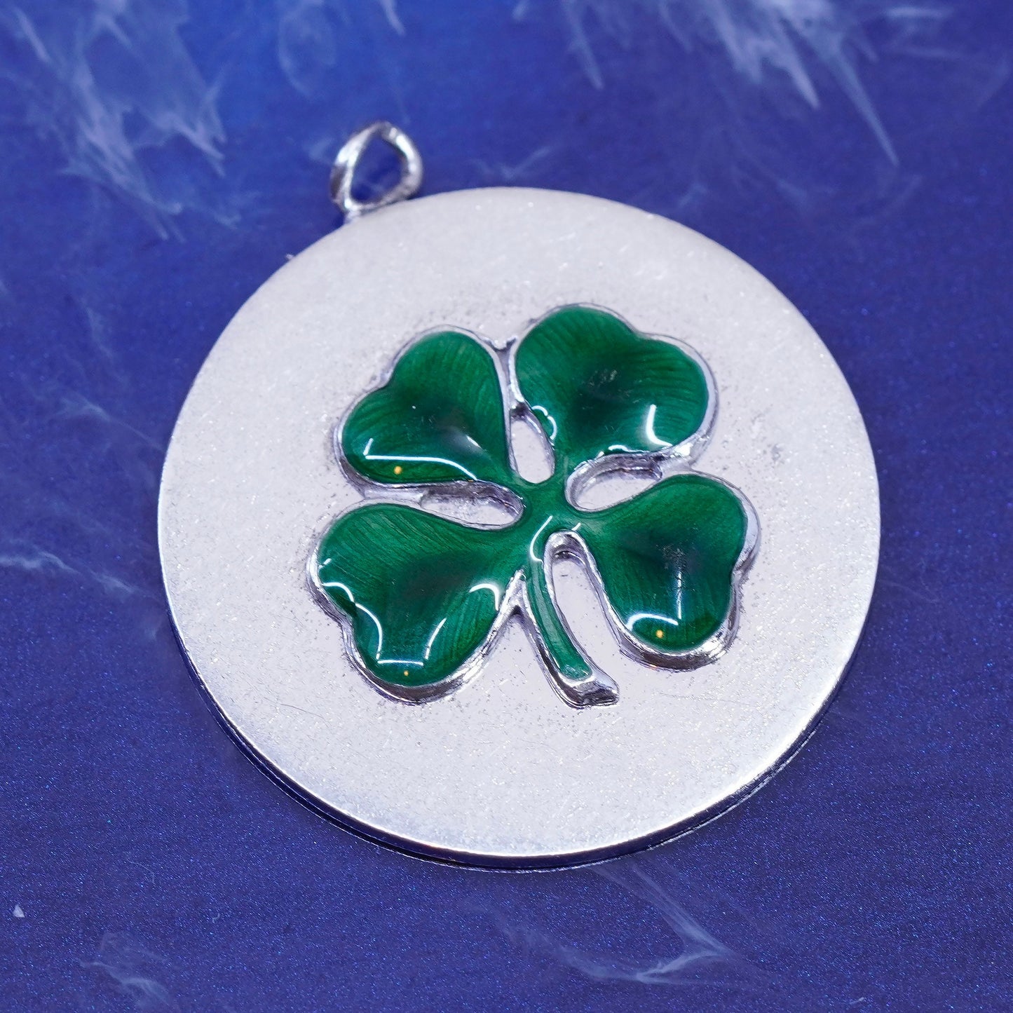 vtg Sterling 925 silver handmade pendant, enamel lucky four leaves clover charm