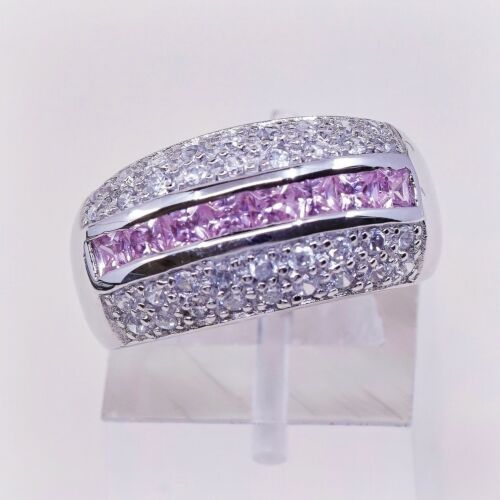 Size 6, Vtg Sterling Silver Handmade Ring, 925 Silver Band W/ Pink Cluster Cz