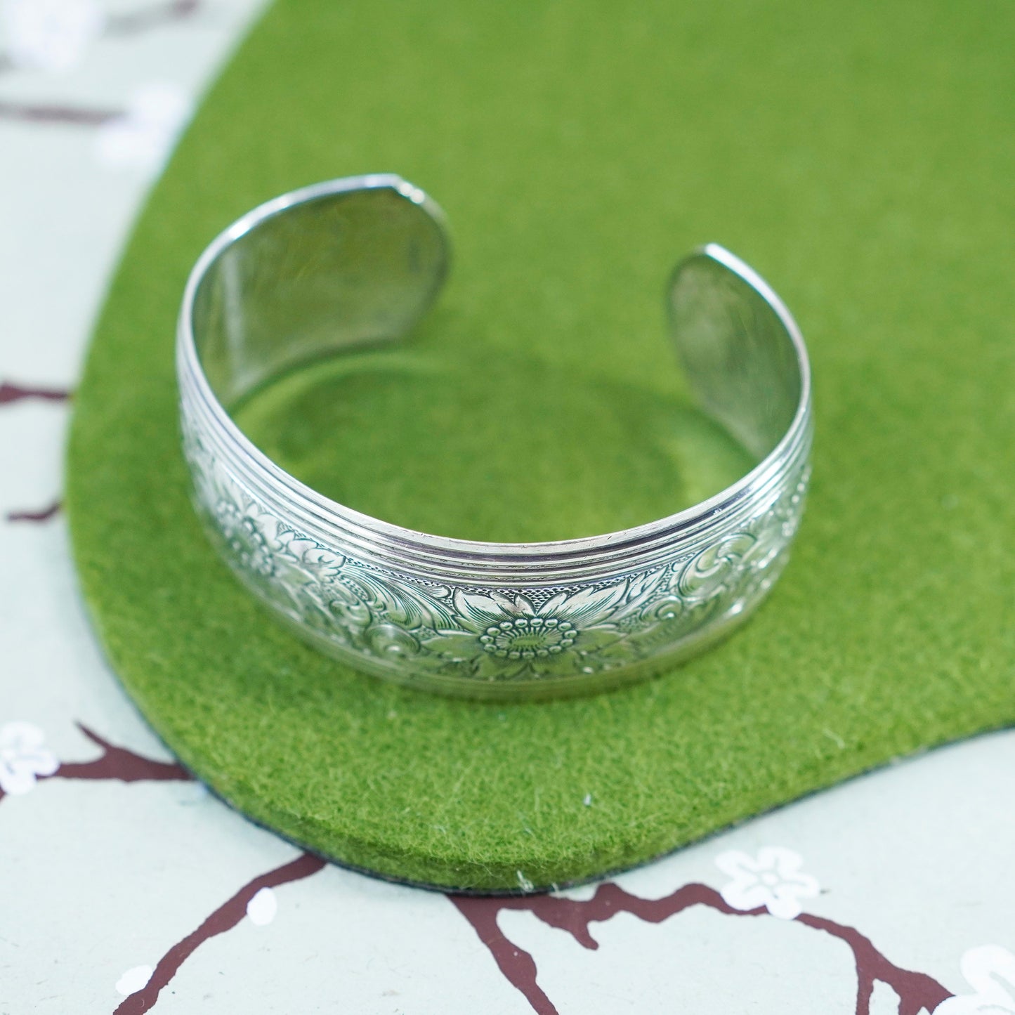 6”, danecraft sterling silver handmade bracelet, wide 925 floral textured cuff