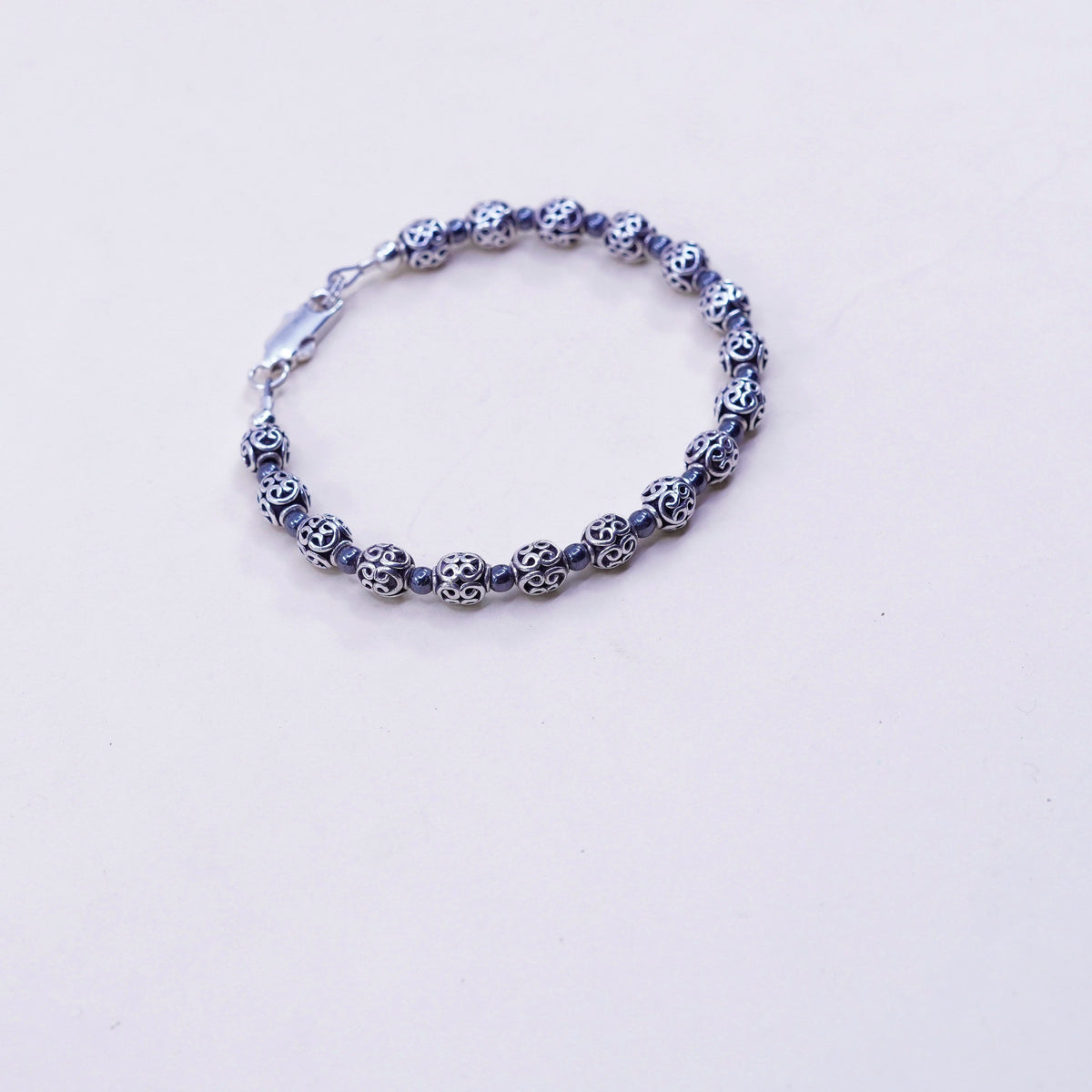 6.5”, Vintage sterling silver bracelet, filigree 925 beads bracelet, jewelry