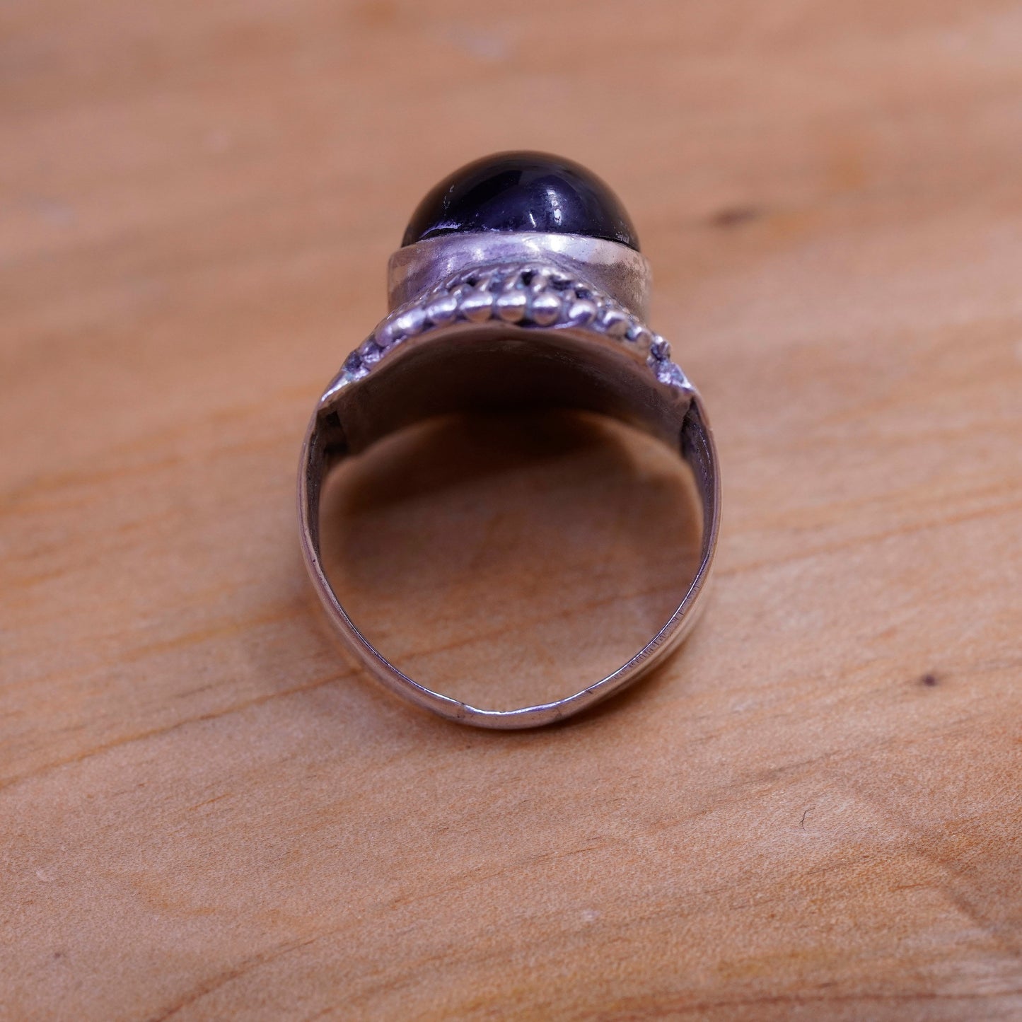 Size 7, vintage Sterling 925 silver handmade ring with oval obsidian and beads