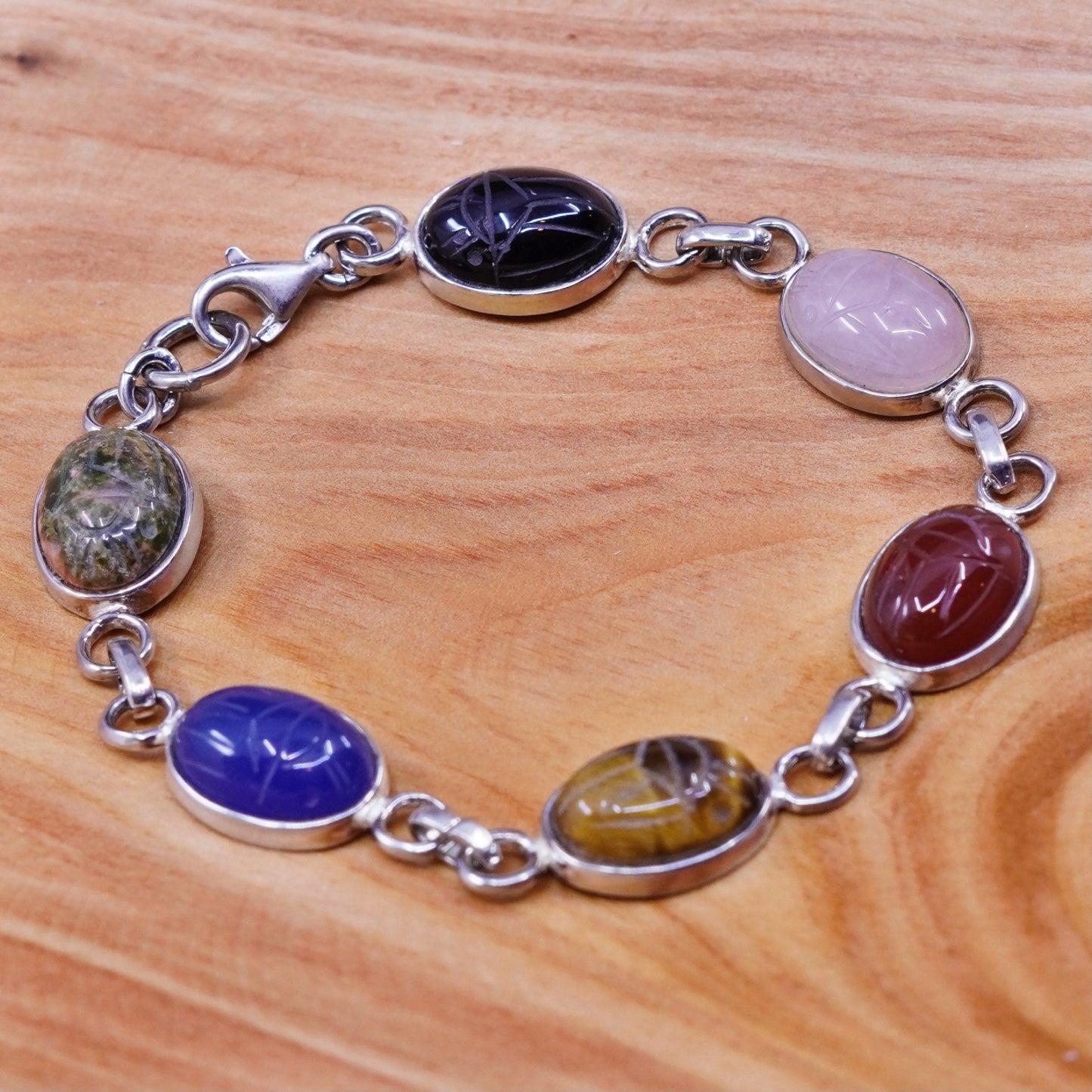 7”, sterling 925 silver carved bracelet, golden tiger eye jasper carnelian jade